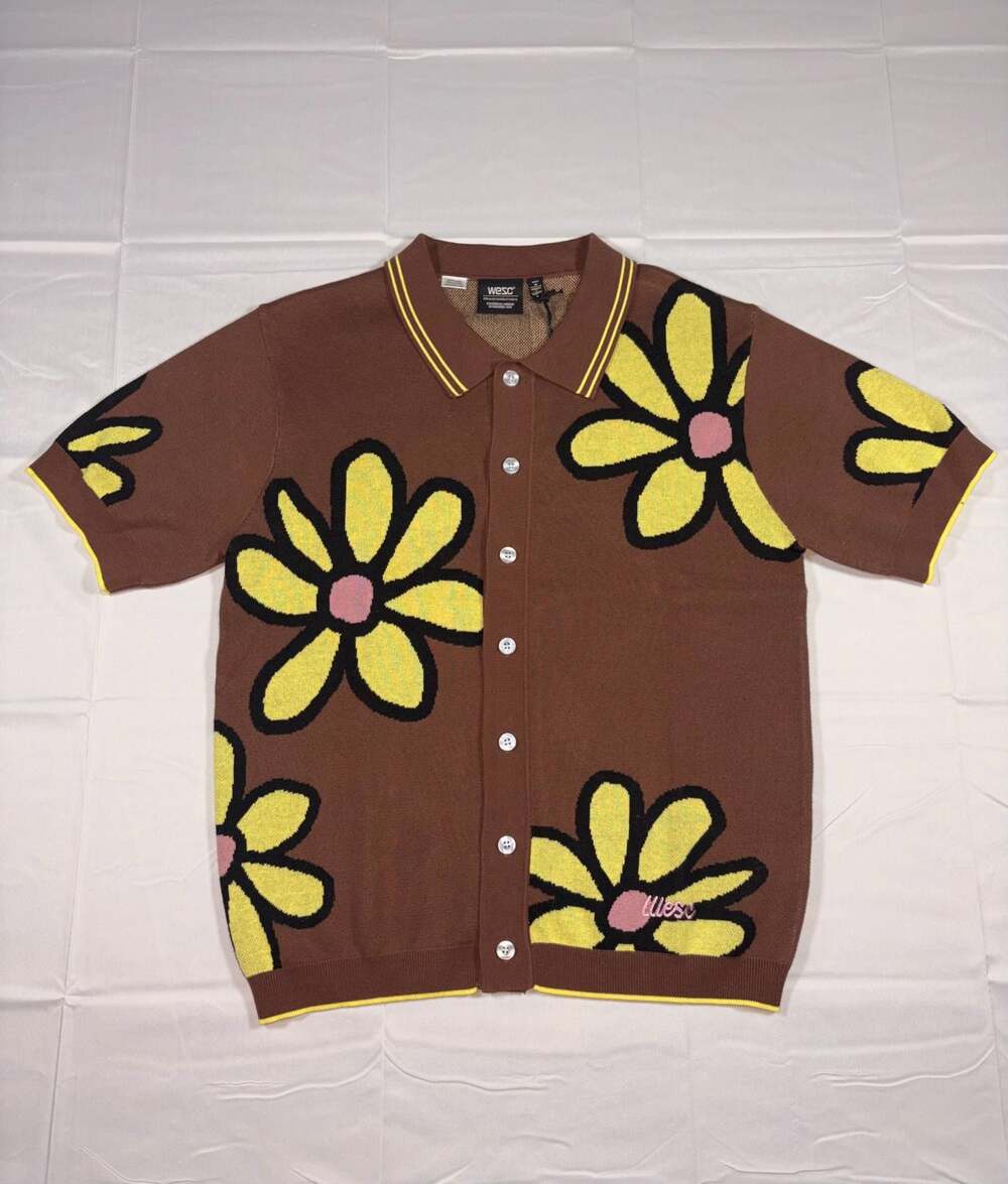 WeSC Tobacco Brown Daisy Jacquard Short Sleeve Polo Collar Cardigan Medium